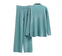 HAOLEI Womens Knit 2 Piece Lounge Wear Sets UK Long Sleeve Pullover Sweater Tops Elastic Waist Wide Leg Trousers Pants Ribbed Plain Two Piece Outfits Loungewear Ladies Tracksuit Set, #02 Blue