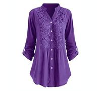 HAOLEI Womens Lace Casual Long Sleeve Tunic Tops Long Length Going Out Loose Blouse Lace Shirts Elegant V Neck Plain Pleated Tunics for Leggings Ladies Swing Tops UK Sale Clearance