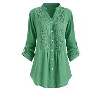 HAOLEI Womens Lace Casual Long Sleeve Tunic Tops Long Length Going Out Loose Blouse Lace Shirts Elegant V Neck Plain Pleated Tunics for Leggings Ladies Swing Tops UK Sale Clearance