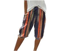 HAOLEI Women's Linen Blend Striped Bermuda Shorts, Multicolour, 3XL, Mid Rise, 2 Pockets, Spring-Summer, Yoga, Running, Hiking, Swimming
