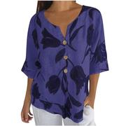 HAOLEI Women's Linen Tunic Tops UK Elegant V Neck 3/4 Sleeve Ethnic Boho Embroidery T-Shirt Casual Loose Cotton Italian Lagenlook Shirts Oversized Trendy Going Out Beach Blouses Sale Clearance Purple