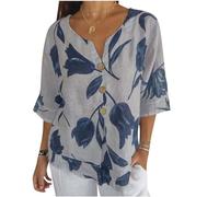 HAOLEI Women's Linen Tunic Tops UK Elegant V Neck 3/4 Sleeve Ethnic Boho Embroidery T-Shirt Casual Loose Cotton Italian Lagenlook Shirts Oversized Trendy Going Out Beach Blouses Sale Clearance Gray