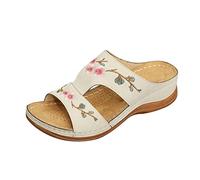 HAOLEI Womens Orthopedic Shoes Sale Clearance Comfy Sliders Summer Flat Leather Sandals Embroidery Flower Low Wedge Open Toe Breathable Slippers Sandals Ladies UK Size 3-7.5