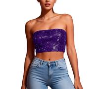 HAOLEI Women's Sequin Crop Tops, Ladies Sparkly Bandeau Tube Top Going Out Off Shoulder Sparkle Sleeveless Strapless Blouses Shimmer Glitter Corset Top Evening Party Club Metallic Rave Tops Purple
