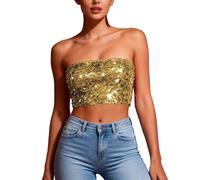 HAOLEI Women's Sequin Crop Tops, Ladies Sparkly Bandeau Tube Top Going Out Off Shoulder Sparkle Sleeveless Strapless Blouses Shimmer Glitter Corset Top Evening Party Club Metallic Rave Tops Gold