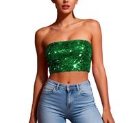 HAOLEI Women's Sequin Crop Tops, Ladies Sparkly Bandeau Tube Top Going Out Off Shoulder Sparkle Sleeveless Strapless Blouses Shimmer Glitter Corset Top Evening Party Club Metallic Rave Tops Green