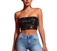 HAOLEI Women's Sequin Crop Tops, Ladies Sparkly Bandeau Tube Top Going Out Off Shoulder Sparkle Sleeveless Strapless Blouses Shimmer Glitter Corset Top Evening Party Club Metallic Rave Tops Black