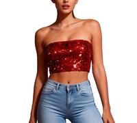 HAOLEI Women's Sequin Crop Tops, Ladies Sparkly Bandeau Tube Top Going Out Off Shoulder Sparkle Sleeveless Strapless Blouses Shimmer Glitter Corset Top Evening Party Club Metallic Rave Tops Red