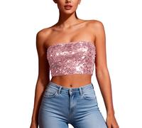 HAOLEI Women's Sequin Crop Tops, Ladies Sparkly Bandeau Tube Top Going Out Off Shoulder Sparkle Sleeveless Strapless Blouses Shimmer Glitter Corset Top Evening Party Club Metallic Rave Tops Pink
