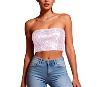 HAOLEI Women's Sequin Crop Tops, Ladies Sparkly Bandeau Tube Top Going Out Off Shoulder Sparkle Sleeveless Strapless Blouses Shimmer Glitter Corset Top Evening Party Club Metallic Rave Tops White