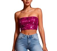 HAOLEI Women's Sequin Crop Tops, Ladies Sparkly Bandeau Tube Top Going Out Off Shoulder Sparkle Sleeveless Strapless Blouses Shimmer Glitter Corset Top Evening Party Club Metallic Rave Tops Hot Pink