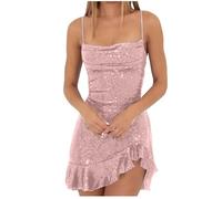 HAOLEI Womens Sparkly Dress Ruffled Mini Bodycon Evening Wedding Guest Dress Sequin Sleeveless Wrapped Dinner Dance Party Dress Elegant Ladies Glitter Sexy Prom Cami Dress Pink