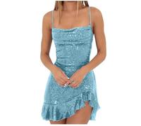 HAOLEI Womens Sparkly Dress Ruffled Mini Bodycon Evening Wedding Guest Dress Sequin Sleeveless Wrapped Dinner Dance Party Dress Elegant Ladies Glitter Sexy Prom Cami Dress Light Blue