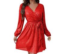 HAOLEI Women's Sparkly Glitter Lantern Sleeve V Neck Bodycon Dress - Sequin Party Cocktail Clubwear for Disco Club Evening - Plus Size Mini Dress in Red
