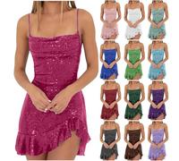HAOLEI Womens Sparkly Ruffled Mini Bodycon Evening Wedding Guest Dress Sequin Sleeveless Wrapped Dinner Dance Party Dress Elegant Ladies Glitter Sexy Prom Cami Dress Hot Pink