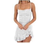 HAOLEI Womens Sparkly Ruffled Mini Bodycon Sequin Sleeveless Wrapped Dinner Dance Party Dress Elegant Ladies Glitter Sexy Prom Cami Dress White