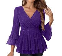 HAOLEI Women's Sparkly Tops UK - Ladies Sequin Tops Ruffle 3/4 Sleeve Going Out Wrap Scoop Neck Sparkling Shiny Evening Party Blouses Glitter Shirts Elegant Cocktail Peplum Top Tee T-Shirt