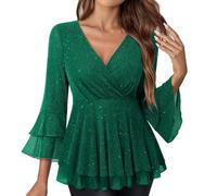 HAOLEI Women's Sparkly Tops UK - Ladies Sequin Tops Ruffle 3/4 Sleeve Going Out Wrap Scoop Neck Sparkling Shiny Evening Party Blouses Glitter Shirts Elegant Cocktail Peplum Top Tee T-Shirt