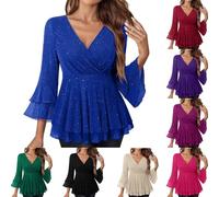 HAOLEI Women's Sparkly Tops UK - Ladies Sequin Tops Ruffle 3/4 Sleeve Going Out Wrap Scoop Neck Sparkling Shiny Evening Party Blouses Glitter Shirts Elegant Cocktail Peplum Top Tee T-Shirt
