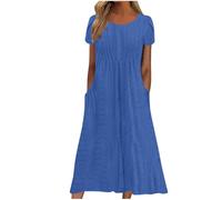 HAOLEI Womens Summer Dresses UK Elegant Eyelet Short Sleeve Maxi Dresses Casual Loose Fit Long Dresses Empire Waist Pleated Party Crewneck Beach Boho A-Line Flowy Dress with Pockets Clearance Blue
