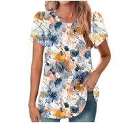 HAOLEI Womens Summer Tops Petal Short Sleeve Casual Crew Neck Shirts Boho Floral Printed T-Shirt Pleated Front Tunic Top Graphic Tees Tunics Vacation Outfits Blouses Ladies UK Clearance