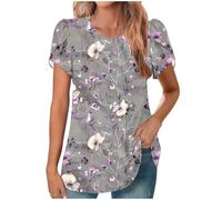 HAOLEI Womens Summer Tops Petal Short Sleeve Casual Crew Neck Shirts Boho Floral Printed T-Shirt Pleated Front Tunic Top Graphic Tees Tunics Vacation Outfits Blouses Ladies UK Clearance