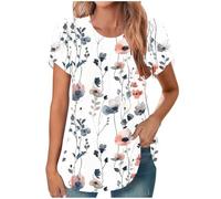 HAOLEI Womens Summer Tops Petal Short Sleeve Casual Crew Neck Shirts Boho Floral Printed T-Shirt Pleated Front Tunic Top Graphic Tees Tunics Vacation Outfits Blouses Ladies UK Sale Clearance