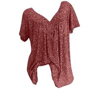 HAOLEI Women's Summer Tops UK Plus Size - Ladies Floral T Shirts Elegant Hide Belly Short Sleeve Casual Boho V Neck Tshirts Oversized Pleated Vacation Tunic Tops Going Out Boho Dressy Blouses Red