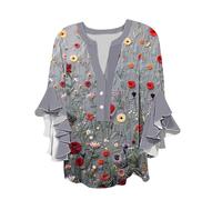 HAOLEI Womens Summer Tops UK Ruffle 3/4 Sleeve Bohemian Floral Top Printed Button V Neck T-Shirt Elegant Vintage Graphic Shirts Loose Fit Tunics Vacation Outfits Blouses Ladies Sale Clearance