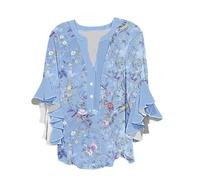 HAOLEI Womens Summer Tops UK Ruffle 3/4 Sleeve Bohemian Floral Top Printed Button V Neck T-Shirt Elegant Vintage Graphic Shirts Loose Fit Tunics Vacation Outfits Blouses Ladies Clearance