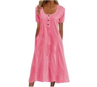 HAOLEI Women's T-Shirt Dress with Pockets,Ladies Summer Eyelet Maxi Dress Elegant Short Sleeve Casual Button Round Neck Long Dresses Pleated A Line Flowy Going Out Wedding Guest Dress UK Hot Pink