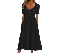 HAOLEI Women's T-Shirt Dress with Pockets,Ladies Summer Eyelet Maxi Dress Elegant Short Sleeve Casual Button Round Neck Long Dresses Pleated A Line Flowy Going Out Wedding Guest Dress UK Sale Black