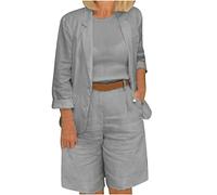 HAOLEI Women's Trouser Suits UK,Ladies Cotton Linen Trouser Suits Wedding Elegant 2 Piece Outfits Set Long Sleeve Button Blazer with High Waist Shortss for Business Work Office Blazer Suit