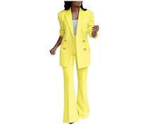HAOLEI Women's Two-Piece Suit Set Plain Trouser Suit Long Sleeve Notched Double Breasted Blazer Jacket + Bootcut Suit Pants Solid Work Business Office Casual Smart Suit Sets Ladies Yellow, XL