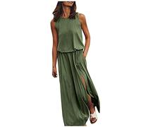 HAOLEI Womens's Summer Dresses UK Clearance Spilt Casual Drawstring Waist Dresses Sleeveless Summer Boho Dress Sexy Sleeveless Crew Neck Holiday Beach Dresses with Pockets