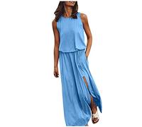 HAOLEI Womens's Summer Dresses UK Sale Clearance Spilt Casual Drawstring Waist Dresses Sleeveless Summer Boho Dress Sexy Sleeveless Crew Neck Holiday Beach Dresses with Pockets
