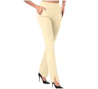 HAOLEI Work Trousers Women UK Sale Clearance Stretch Fit Plain Work Bottoms Elastic Waist Straight Leg Pull On Smart Casual Business Office Tapered Pants Ladies Work Trousers with Pockets Beige