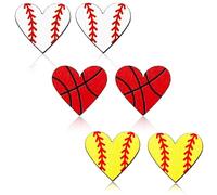 haolry Heart Earrings Lightweight Wood Sports Earrings Football Soccer Basketball Baseball Earrings Set for Women for Sports Ball Fans Lovers 3 Pairs, Yellow White Red