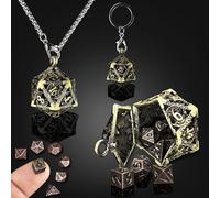 HAOMEJA DND Metal Mini Dice Set 7pcs Tiny Small Polyhedral D&D Dice Set with Hollow D20 Necklace & Keychain Portable & Dragon Eye Bag Apply to Dungeons and Dragons Dice (Bronze & Mini Red Copper)