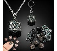 HAOMEJA Mini DND Dice Metal 7pcs Set Tiny Small Polyhedral D&D Dice Set with Hollow D20 Necklace & Keychain Portable & Dragon Eye Bag Apply to Dungeons and Dragons Dice (Green & Mini Red Copper)