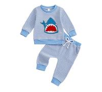 Haomibacu Baby Boy clothes set Stripe Shark Embroidery Long Sleeve Round Neck Pullover Elastic Waist Pants 2 Pcs Set newborn infant baby outfits fall toddler sweatshirt (Blue, 3-6 Months)