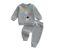 Haomibacu Baby Boy First Birthday Outfit Planet Astronaut Print Long Sleeve Crew Neck Sweatshirt Tops Sweatpants Cake Smash Outfit Infant Joggers Set (Gray, 6-12 Months)
