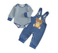 Haomibacu Baby Boy First Birthday Outfit Striped Long Sleeve Romper Bear Embroidered Overall Pants 2Pcs Set Newborn Infant Cake Smash Outfit 0-18 M(Blue, 6-12 Months)