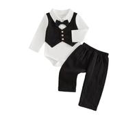 Haomibacu Infant Baby Baby Boys 3Pcs Gentleman Outfits Bowtie Fake Two-Piece Long Sleeve Romper Long Trousers Clothes Set (Black, 9-12 Months)