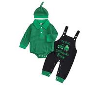 Haomibacu Infant Baby Boys St. Patrick's Day 3Pcs Outfits Hat Striped Lapel Romper Clover Embroidery Suspender Pants Clothes Set (Green, 3-6 Months)