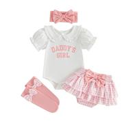 Haomibacu Infant Newborn Baby Girls Summer 4Pcs Outfits Daddy’s Girl Puff Sleeve Romper Ruffle Tutu Skirt Headband Socks Clothes Set (White, 3-6 Months)