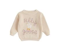 Haomibacu Kids Toddler Girl Cartoon Sweater Silly Goose Embroidery Long Sleeve Pullover Sweatshirt Knitted Sweater Tops Fall Winter Clothes (Creamy White, 6-9 Months)