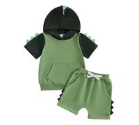 Haomibacu Little Kid Baby Boys Summer 2Pcs Outfits Dinosaur Shaped Short Sleeve Hooded Top Elastic Waist Shorts Clothes Set (Green, 12-18 Months)