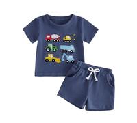 Haomibacu Little Kid Baby Boys Summer 2Pcs Waffle Outfits Truck Car Embroidery Striped T-Shirt Elastic Waist Shorts Clothes Set 6M-4T (Dark Blue, 3-4 Years)