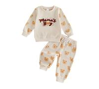 Haomibacu Little Kid Baby Boys Waffle 2pcs Outfits Mama’s Boy Letter Embroidery Sweatshirt Bear Print Long Trousers Clothes Set (Beige, 12-18 Months)